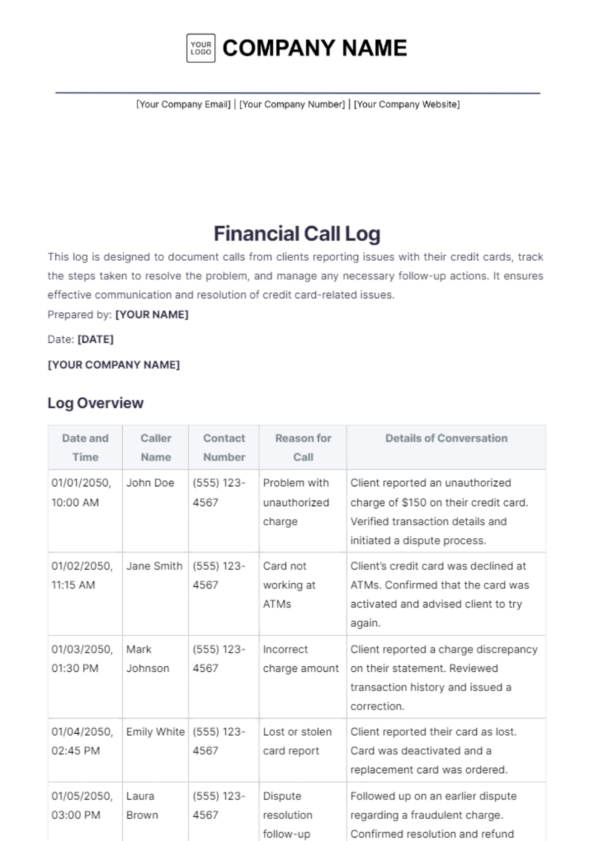 Financial Call Log Template - Edit Online & Download