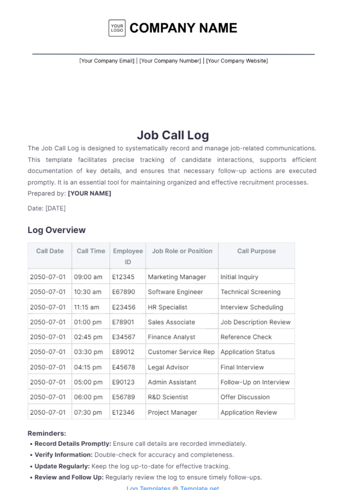 Job Call Log Template - Edit Online & Download