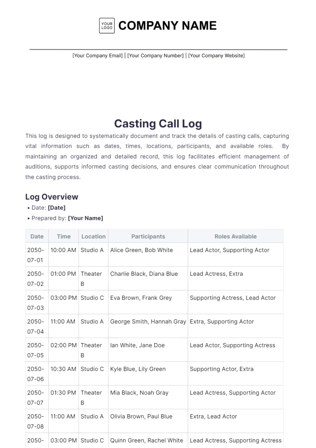 Casting Call Log Template - Edit Online & Download