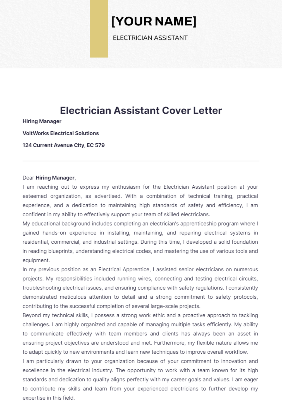 Electrician Assistant Cover Letter - Edit Online & Download