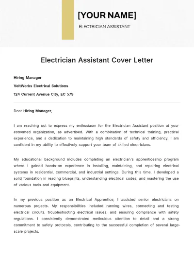 Free Electrician Assistant Cover Letter to Edit Online