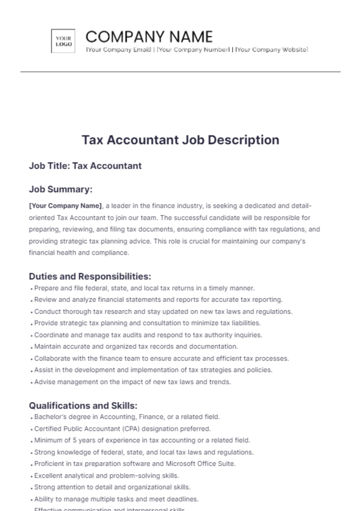 Tax Accountant Job Description Template - Edit Online & Download