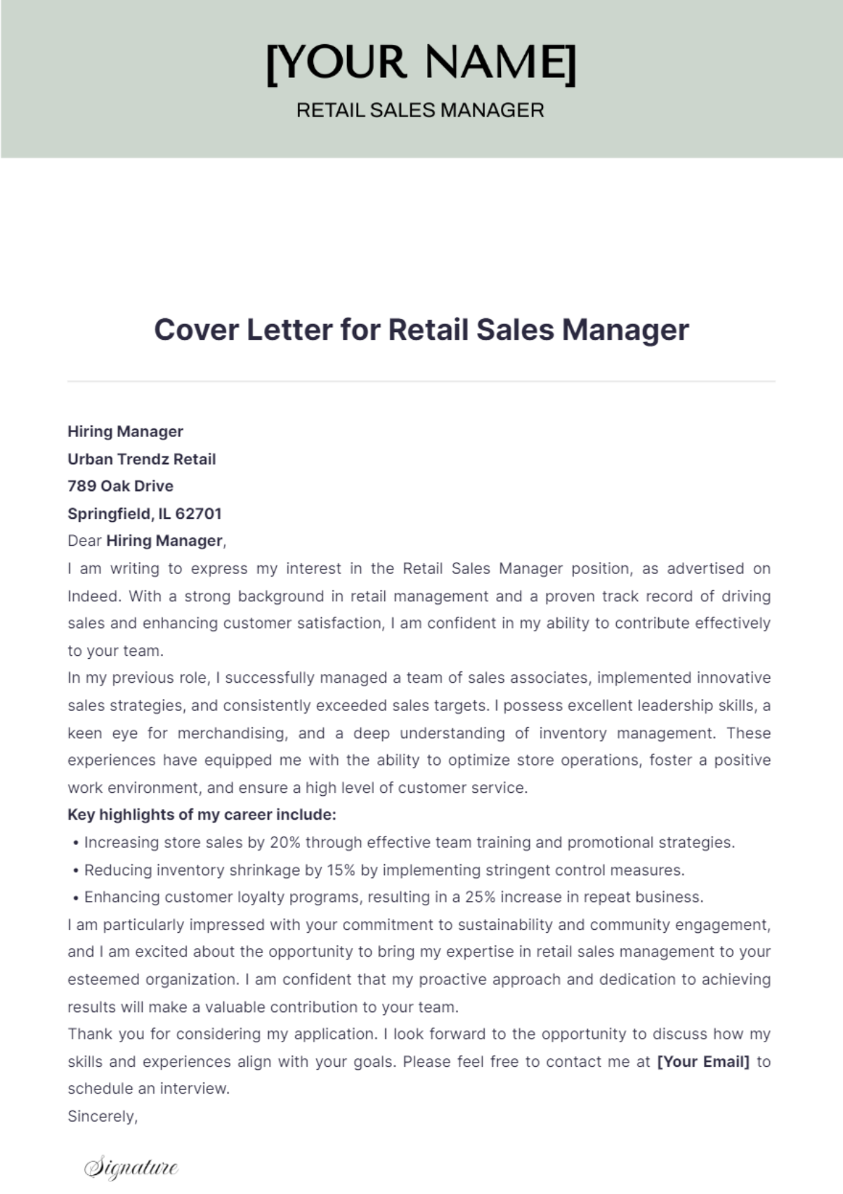 Cover Letter for Retail Sales Manager - Edit Online & Download