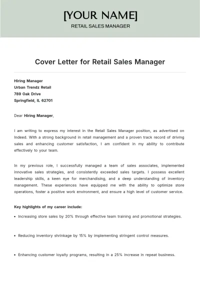 Free Cover Letter for Retail Sales Manager to Edit Online