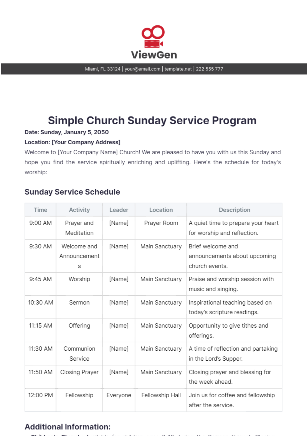 Simple Church Sunday Service Program Template - Edit Online & Download