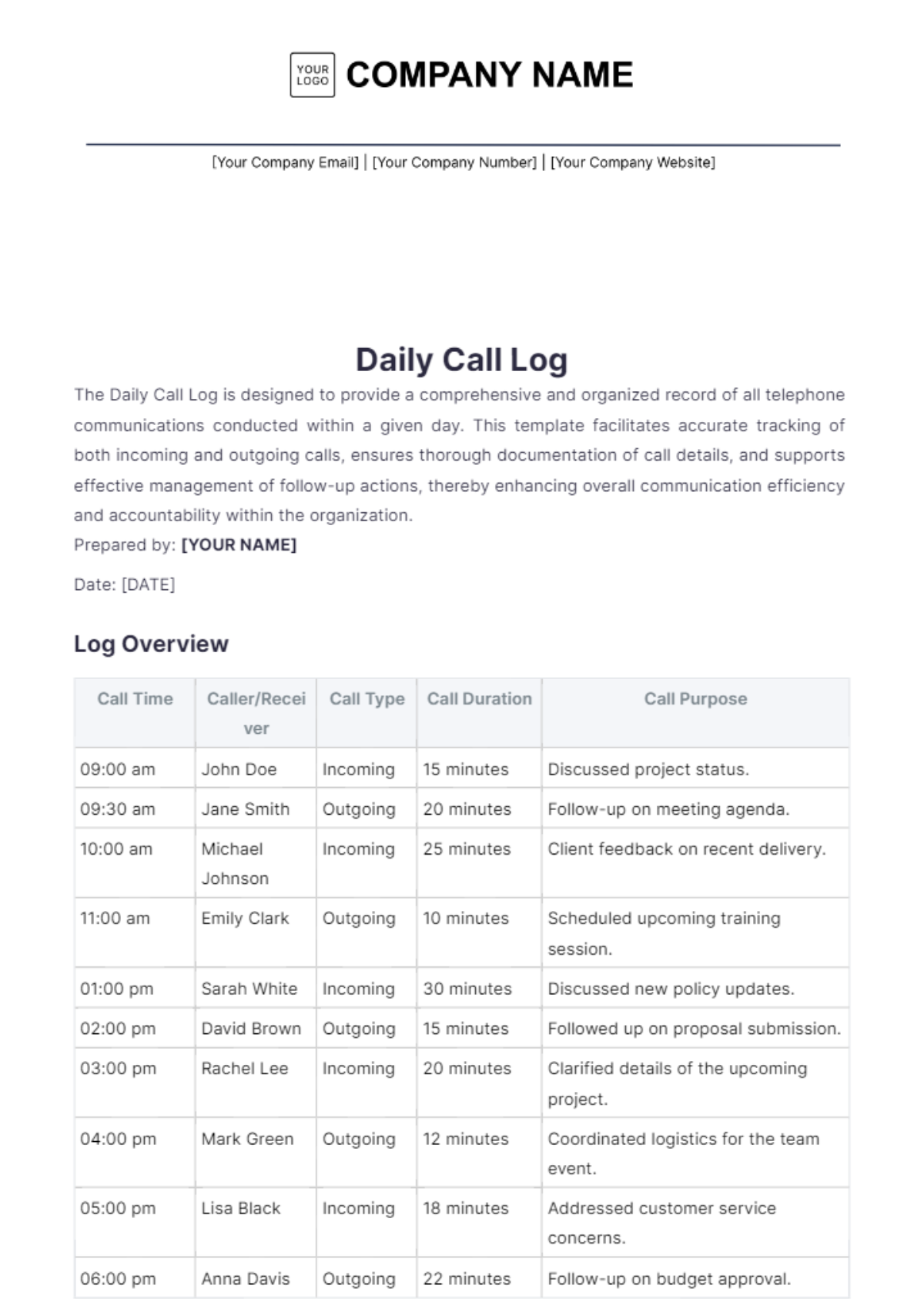 Daily Call Log Template - Edit Online & Download