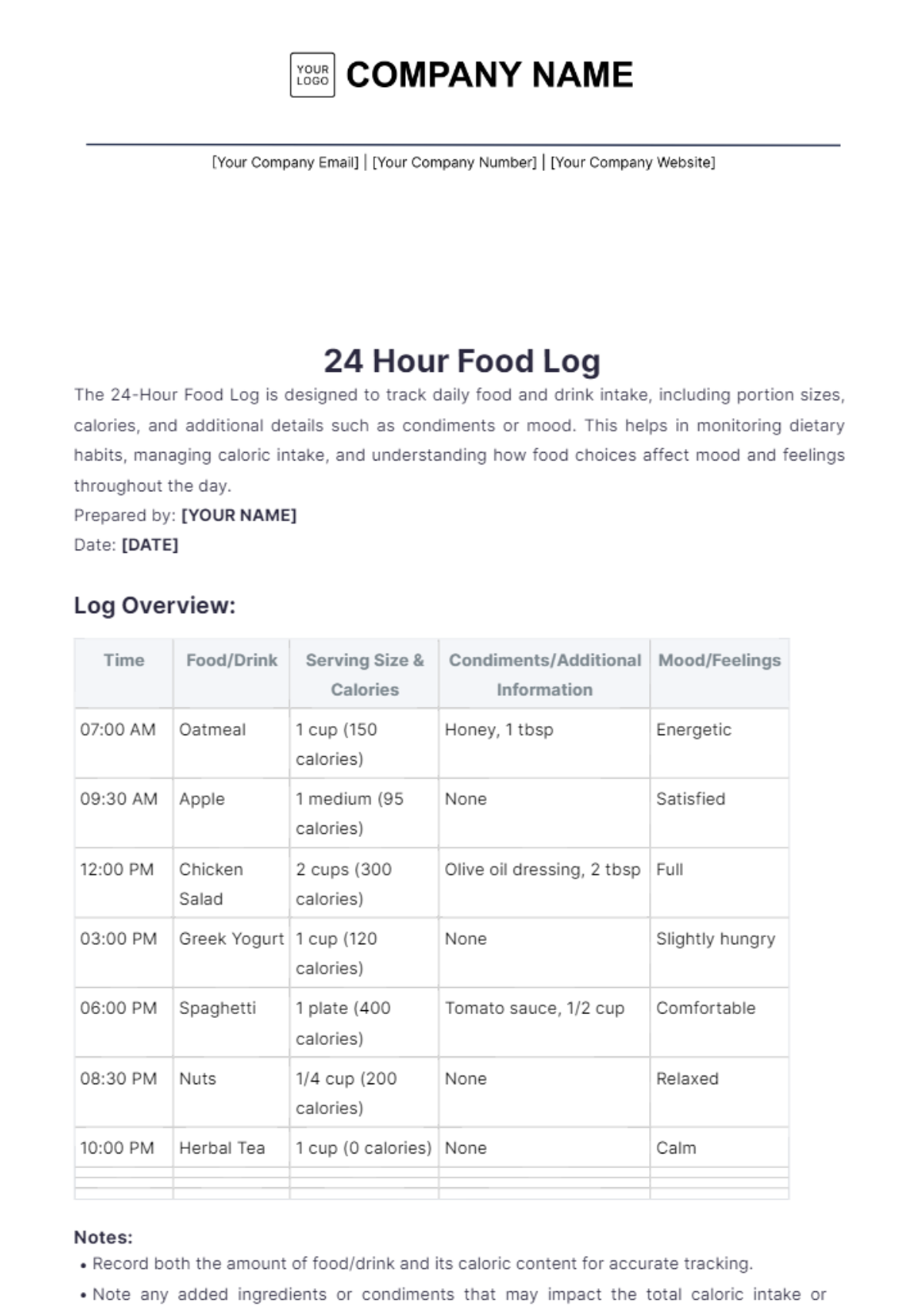 24 Hour Food Log Template - Edit Online & Download