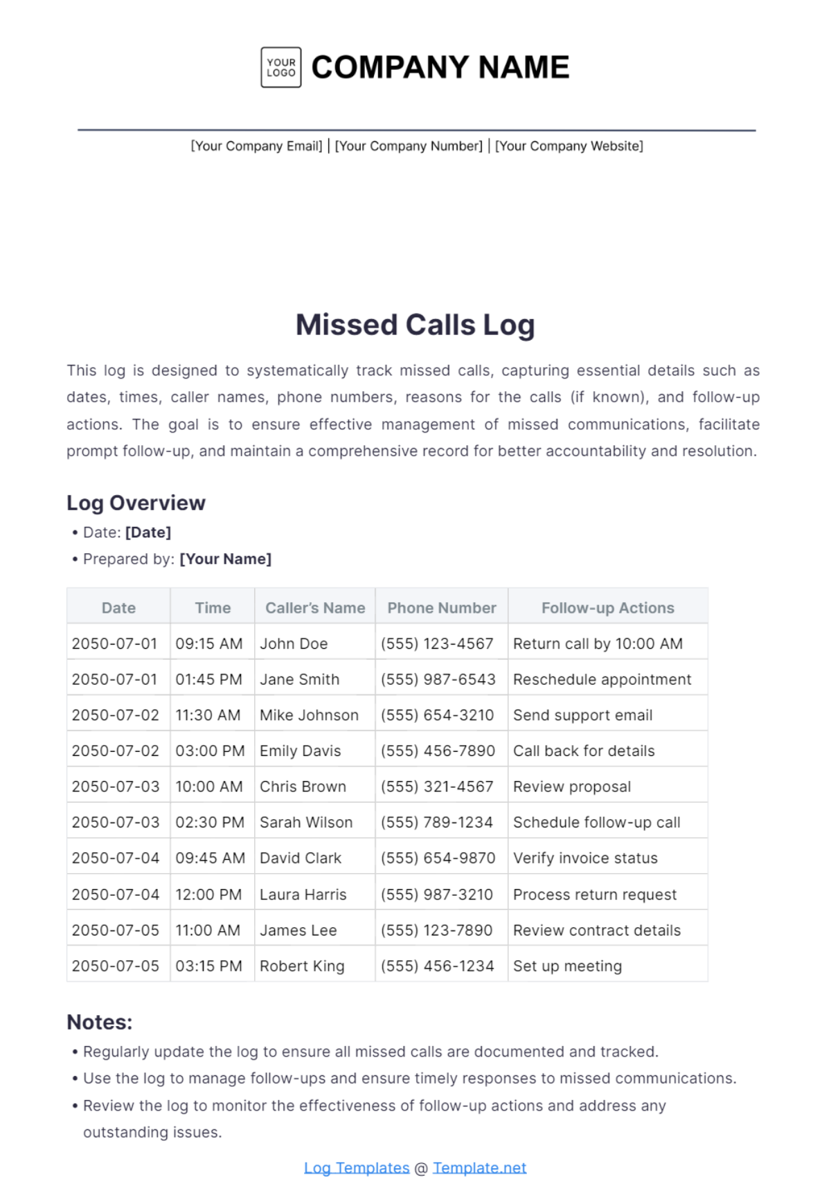 Missed Call Log Template - Edit Online & Download