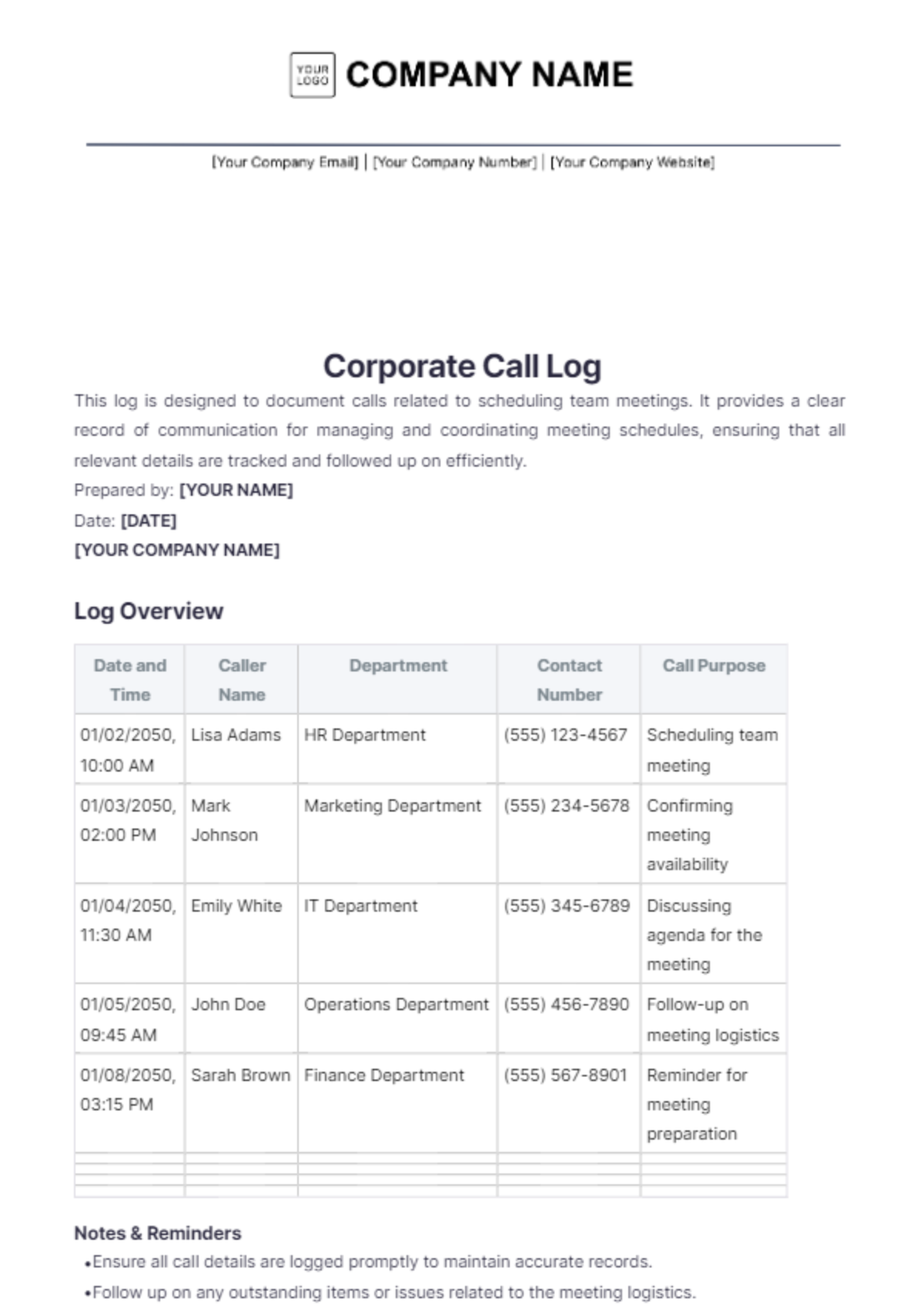 Corporate Call Log Template - Edit Online & Download