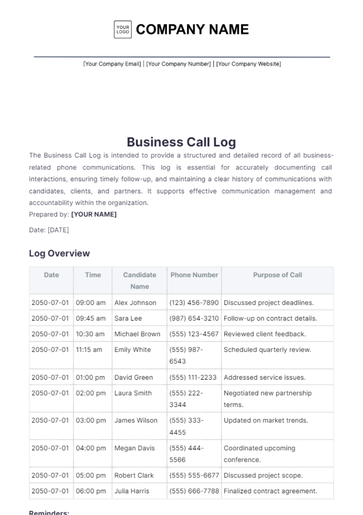 Business Call Log Template - Edit Online & Download