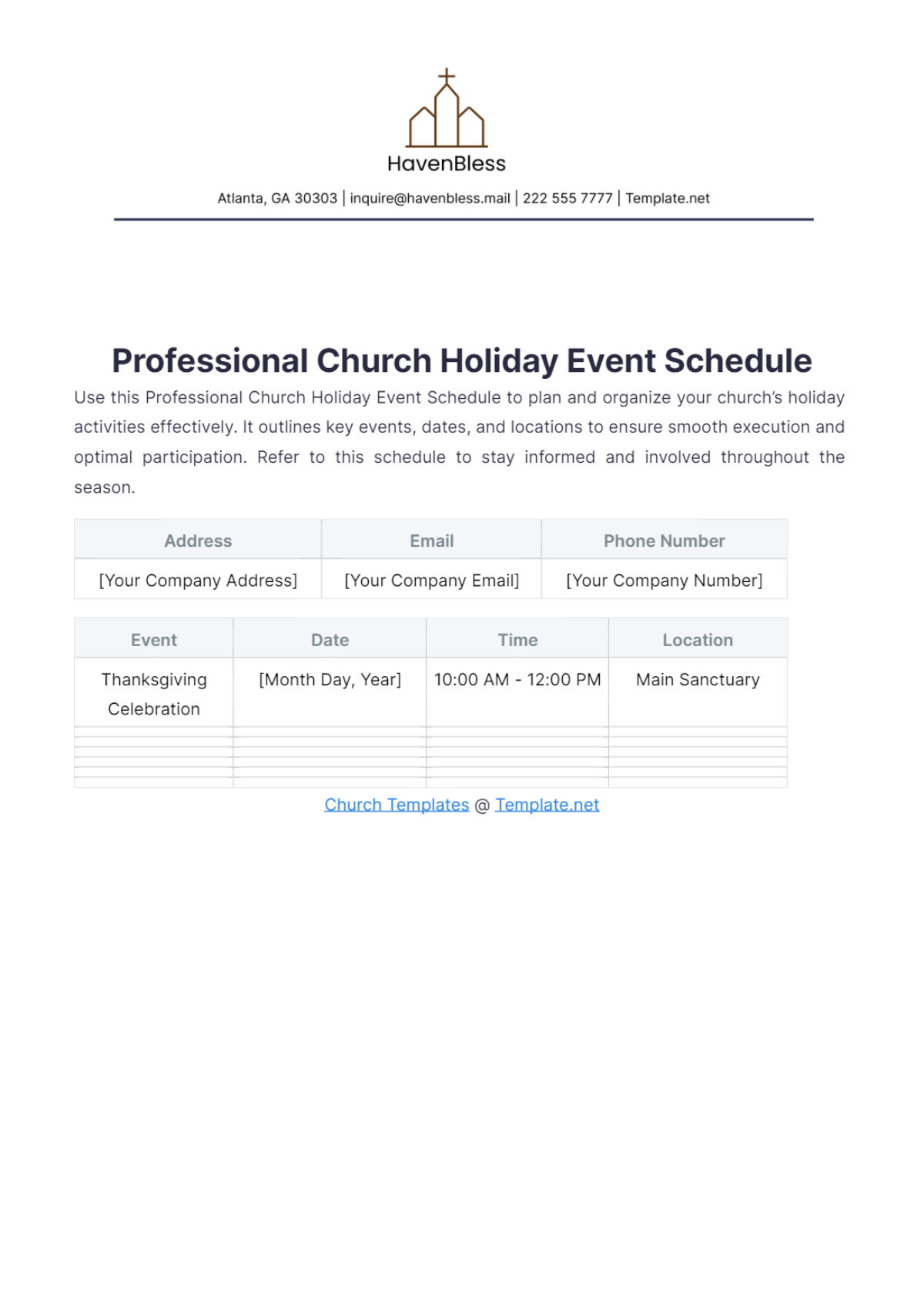 Professional Church Holiday Event Schedule Template - Edit Online & Download