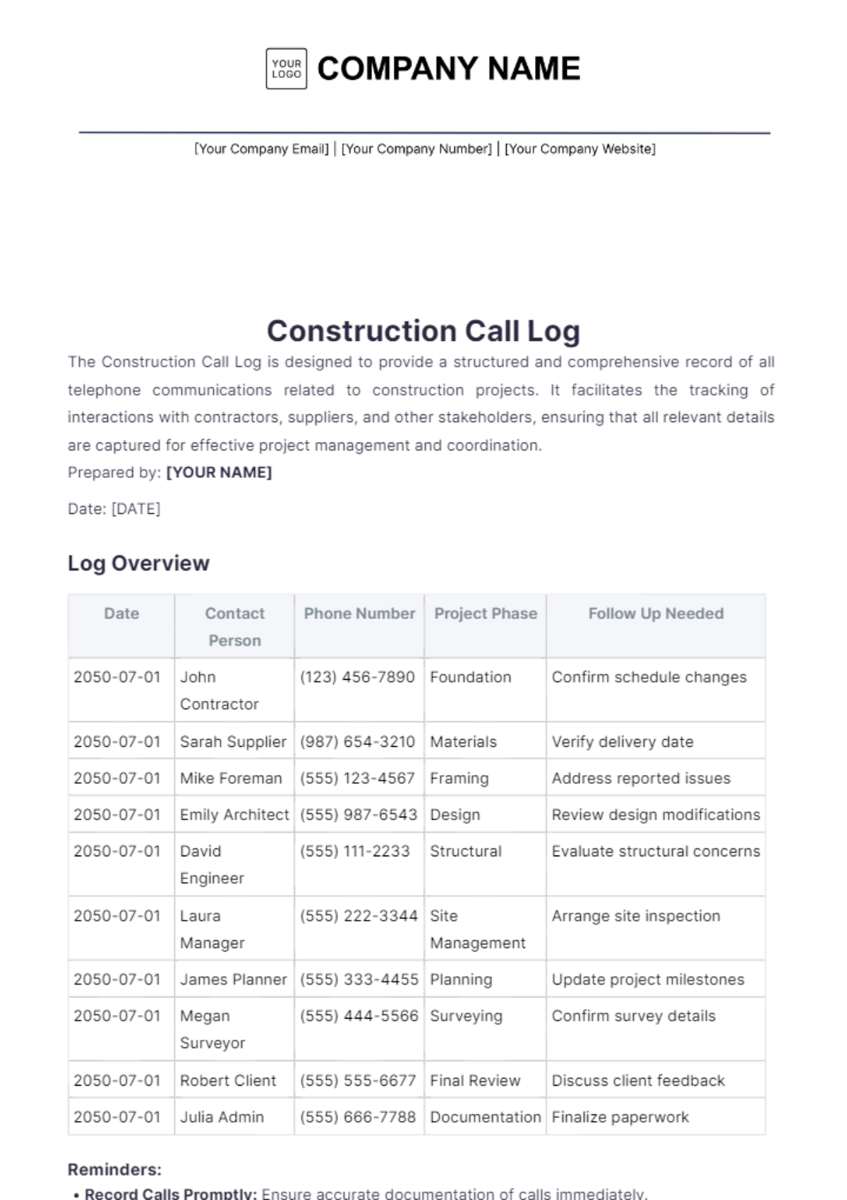 Construction Call Log Template - Edit Online & Download