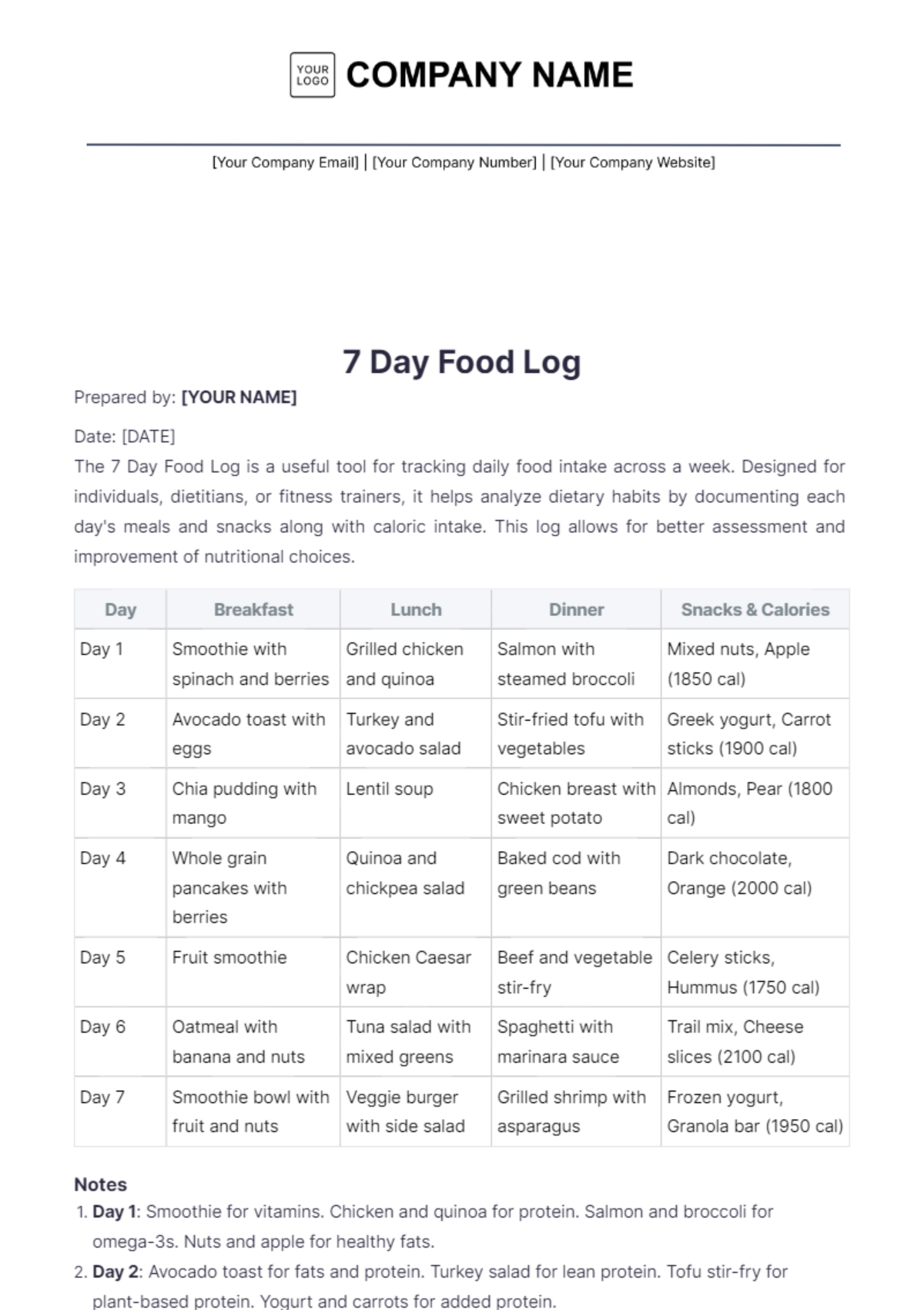 7 Day Food Log Template - Edit Online & Download