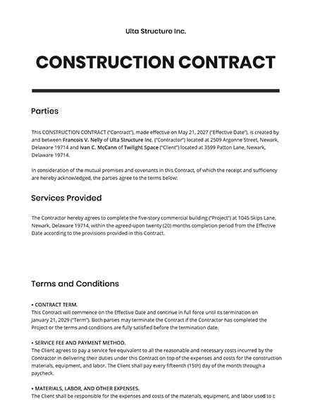 Free Simple Construction Contract Template