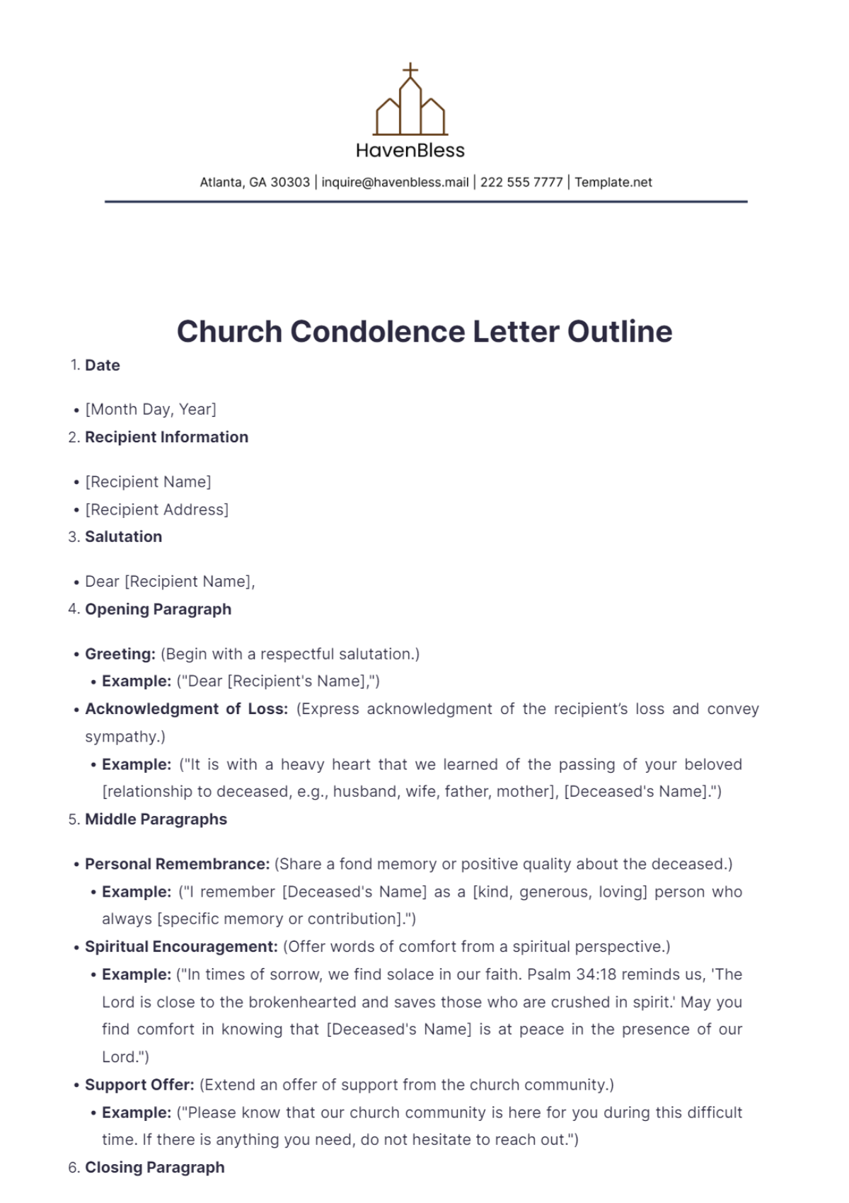 Church Condolence Letter Outline Template