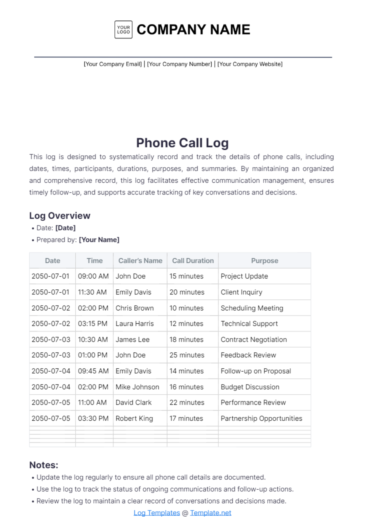 Call Record Log Template - Edit Online & Download