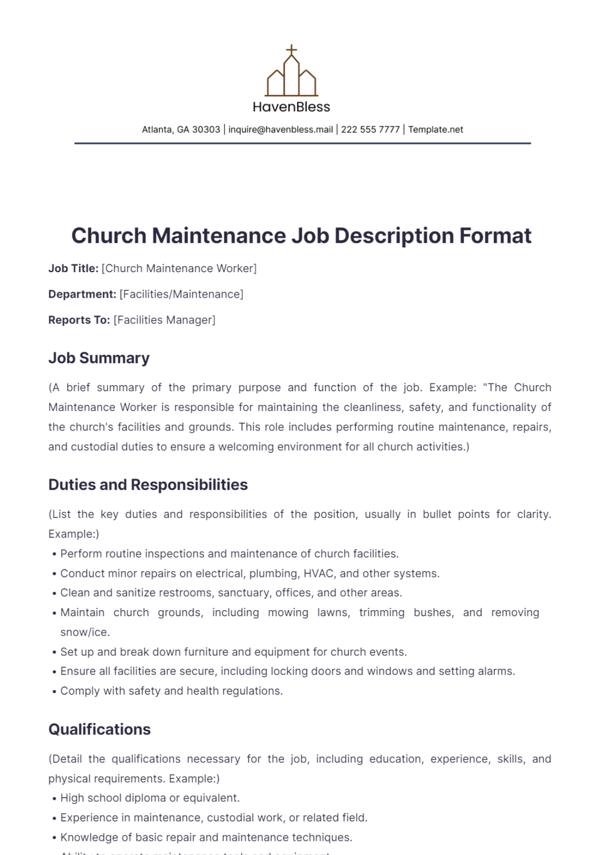 Church Maintenance Job Description Format Template - Edit Online & Download