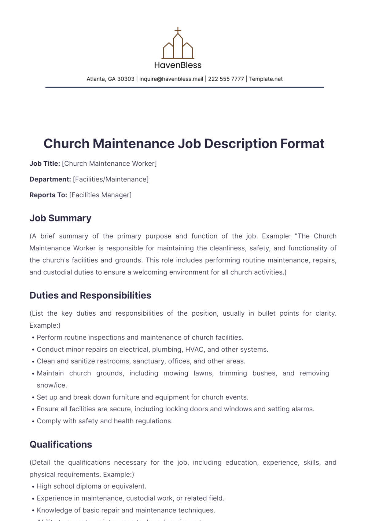 Free Church Maintenance Job Description Format Template To Edit Online