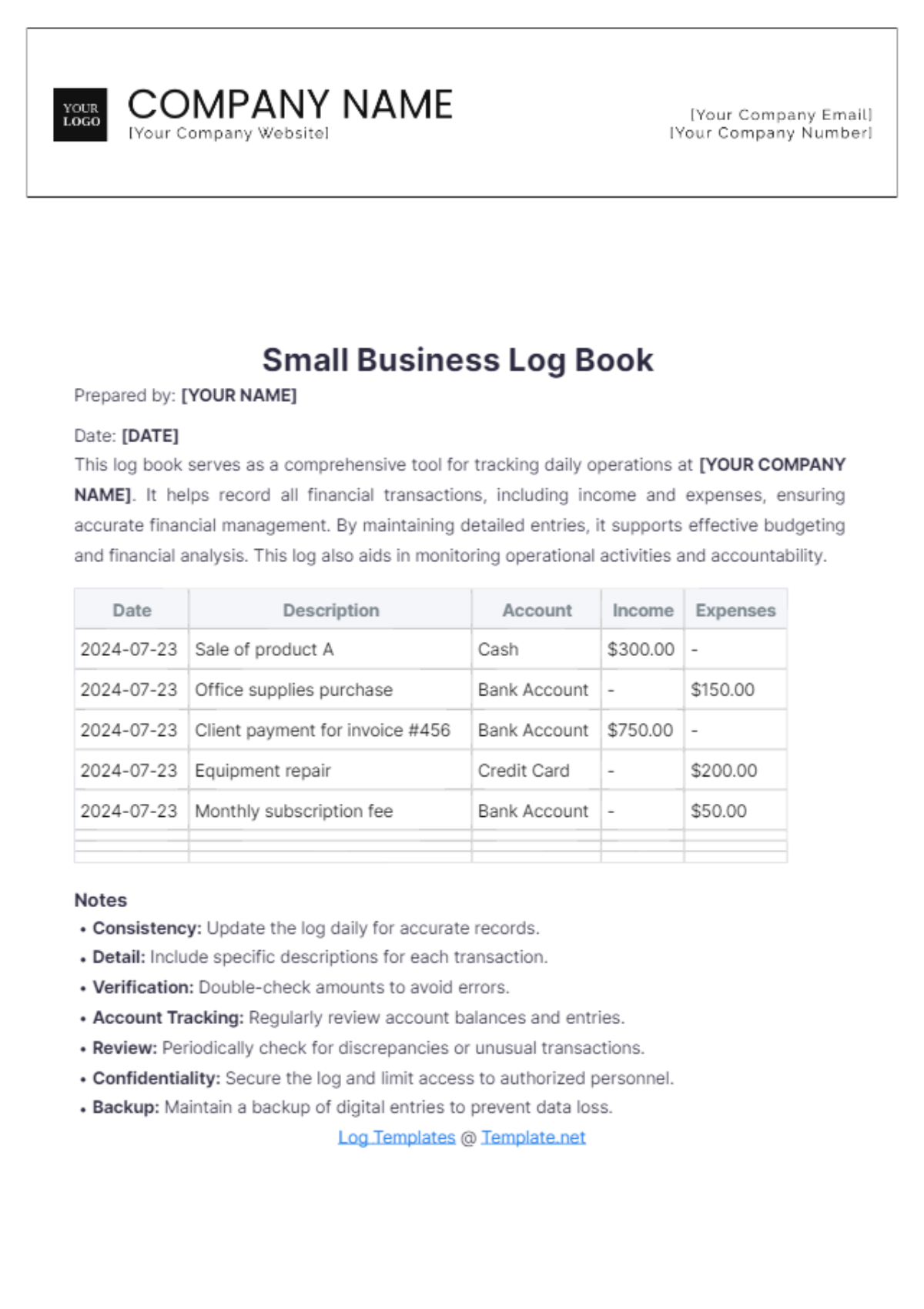 Small Business Log Book Template - Edit Online & Download