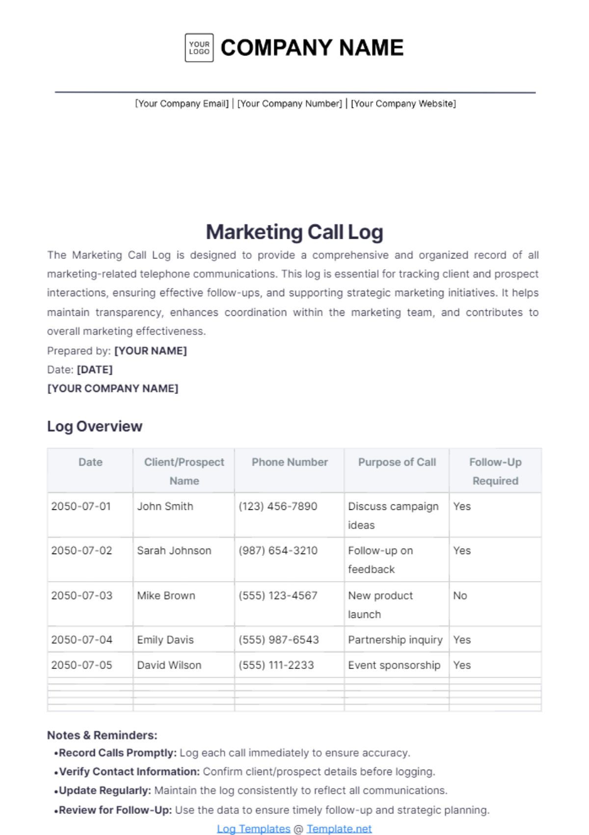 Marketing Call Log Template - Edit Online & Download