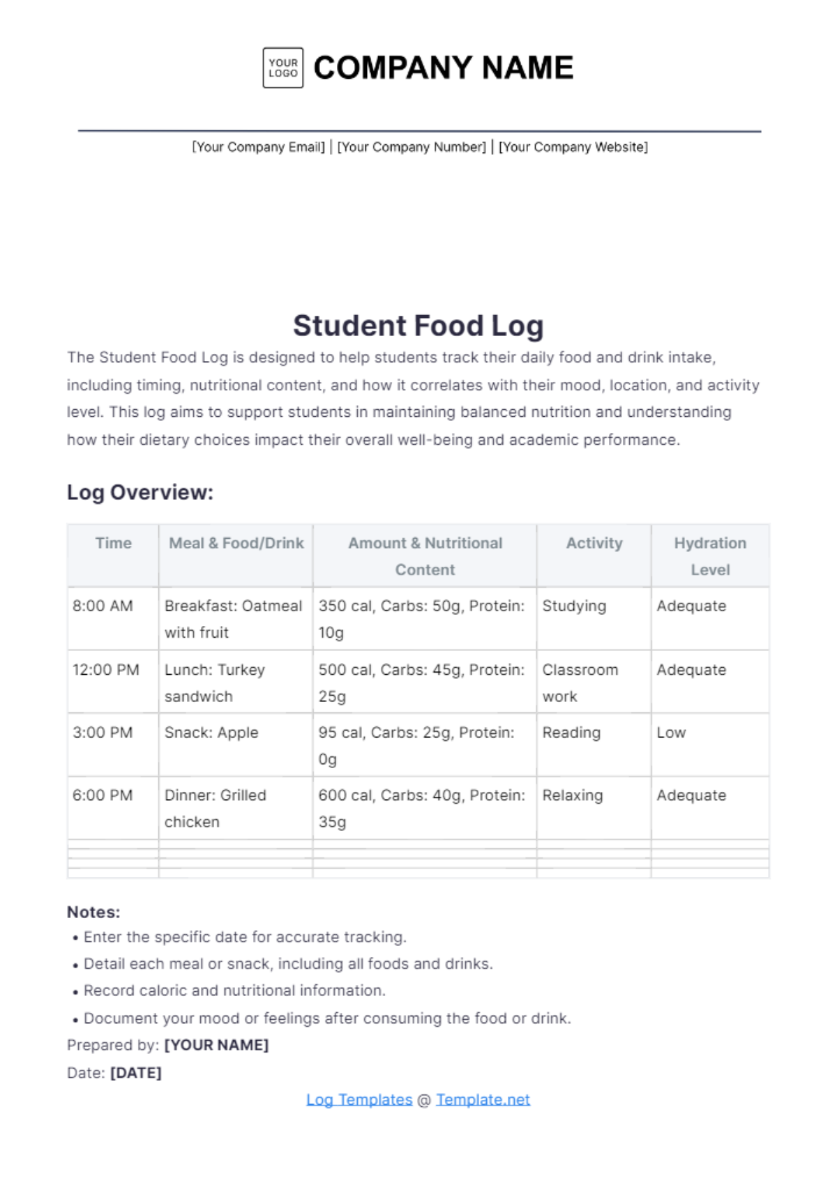 Students Food Log Template - Edit Online & Download