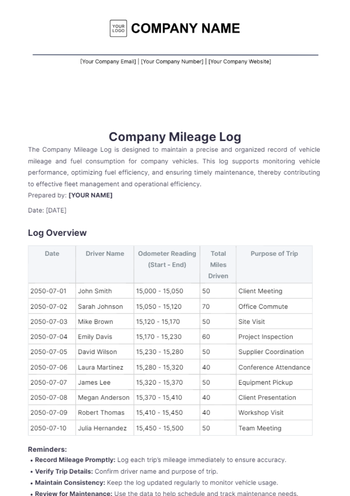 Free Company Mileage Log Template to Edit Online