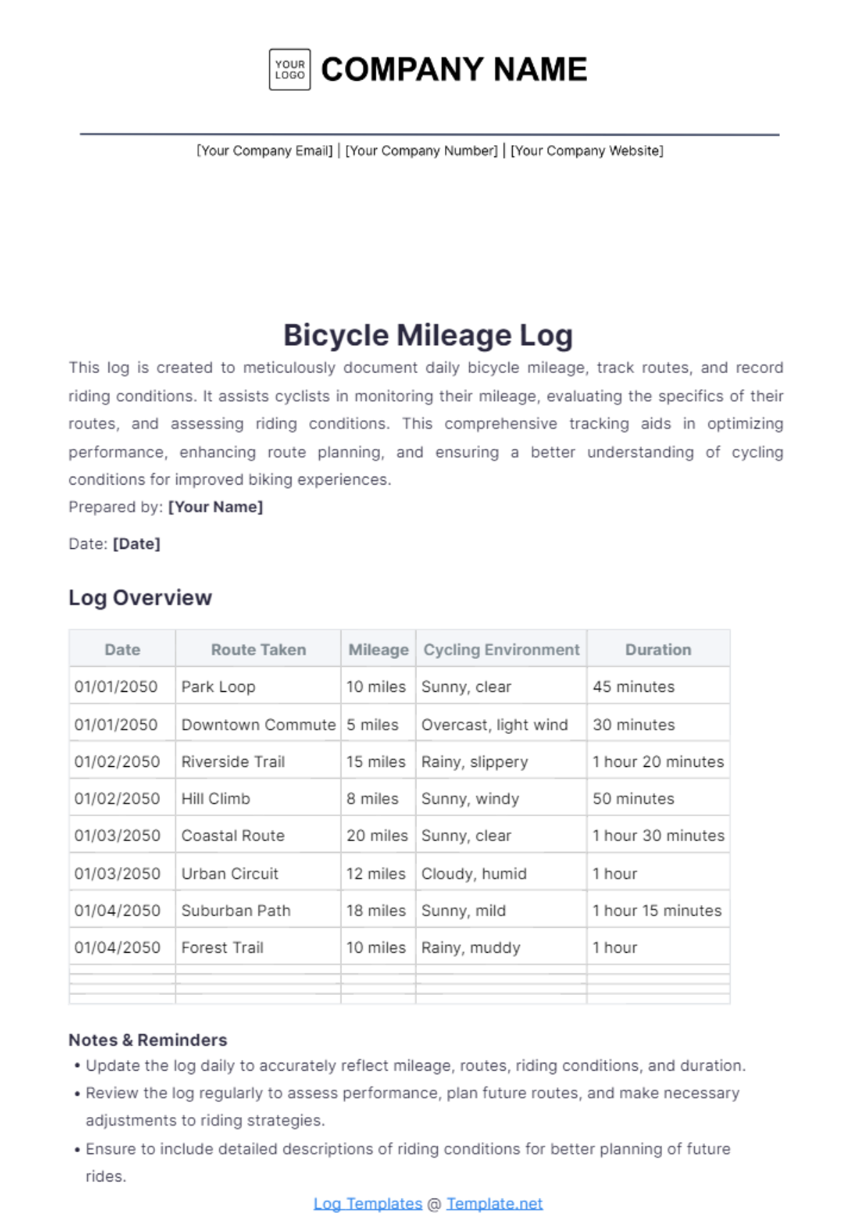 Free Bicycle Mileage Log Template to Edit Online