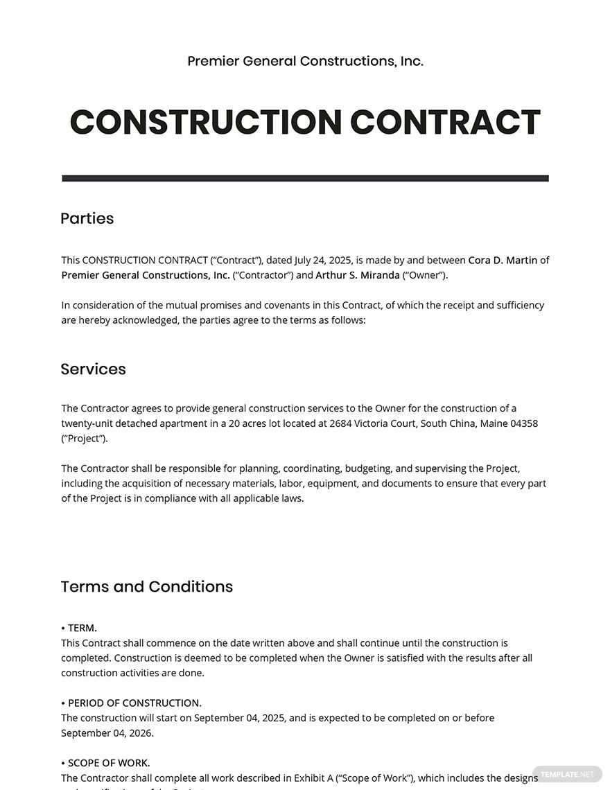 General Construction Contract Template in Word, Google Docs, Apple Pages