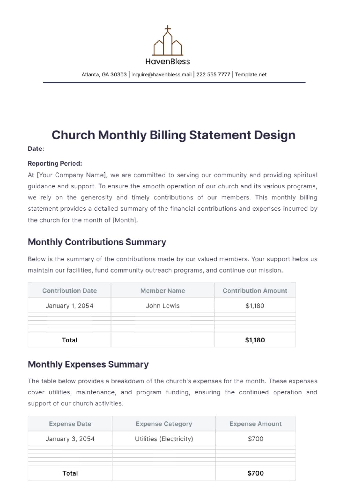 Church Monthly Billing Statement Design Template