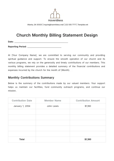 Free Church Monthly Billing Statement Design Template to Edit Online