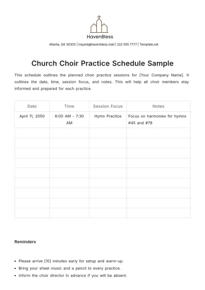 Free Church Choir Practice Schedule Sample Template to Edit Online