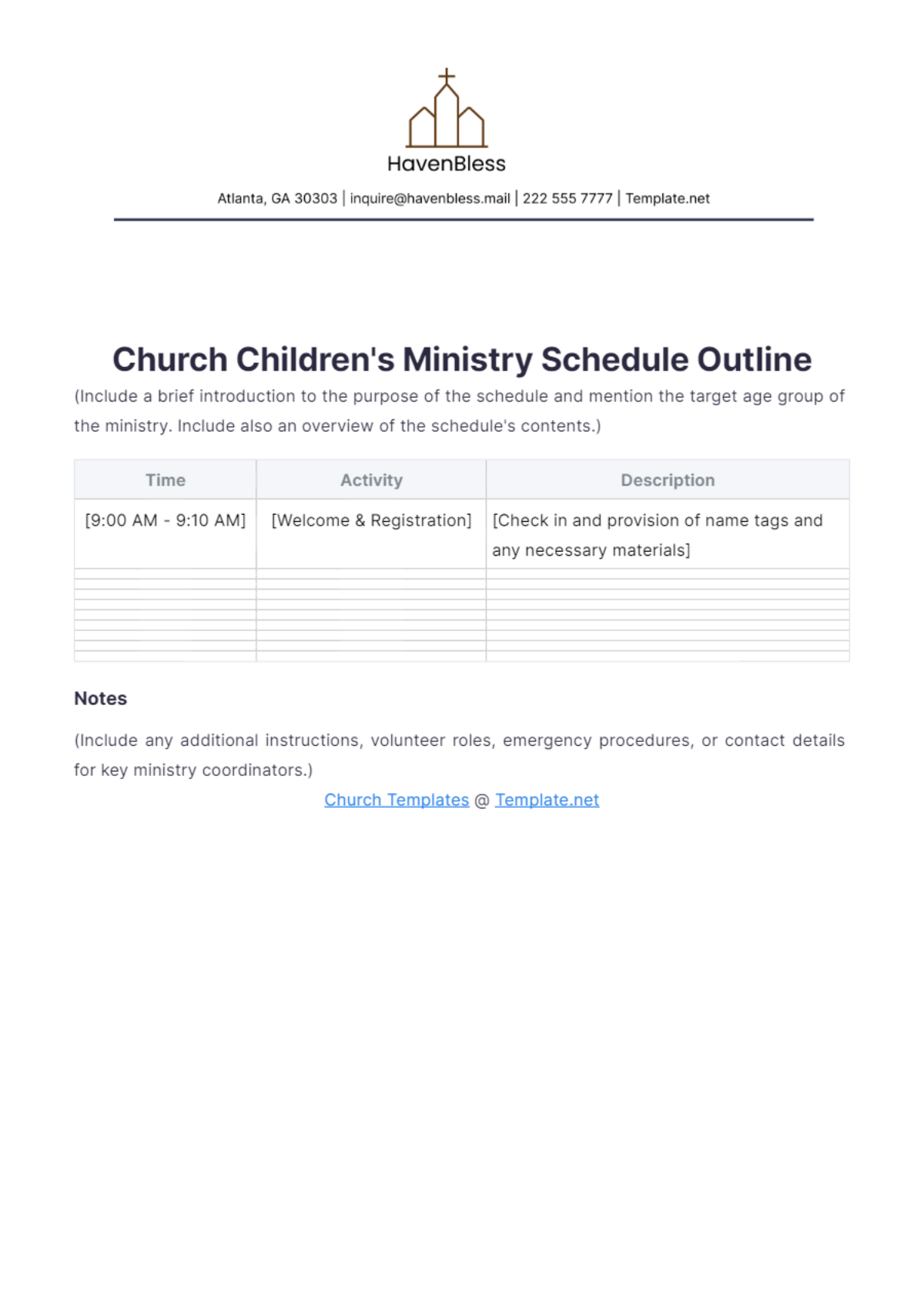 Church Children's Ministry Schedule Outline Template - Edit Online & Download