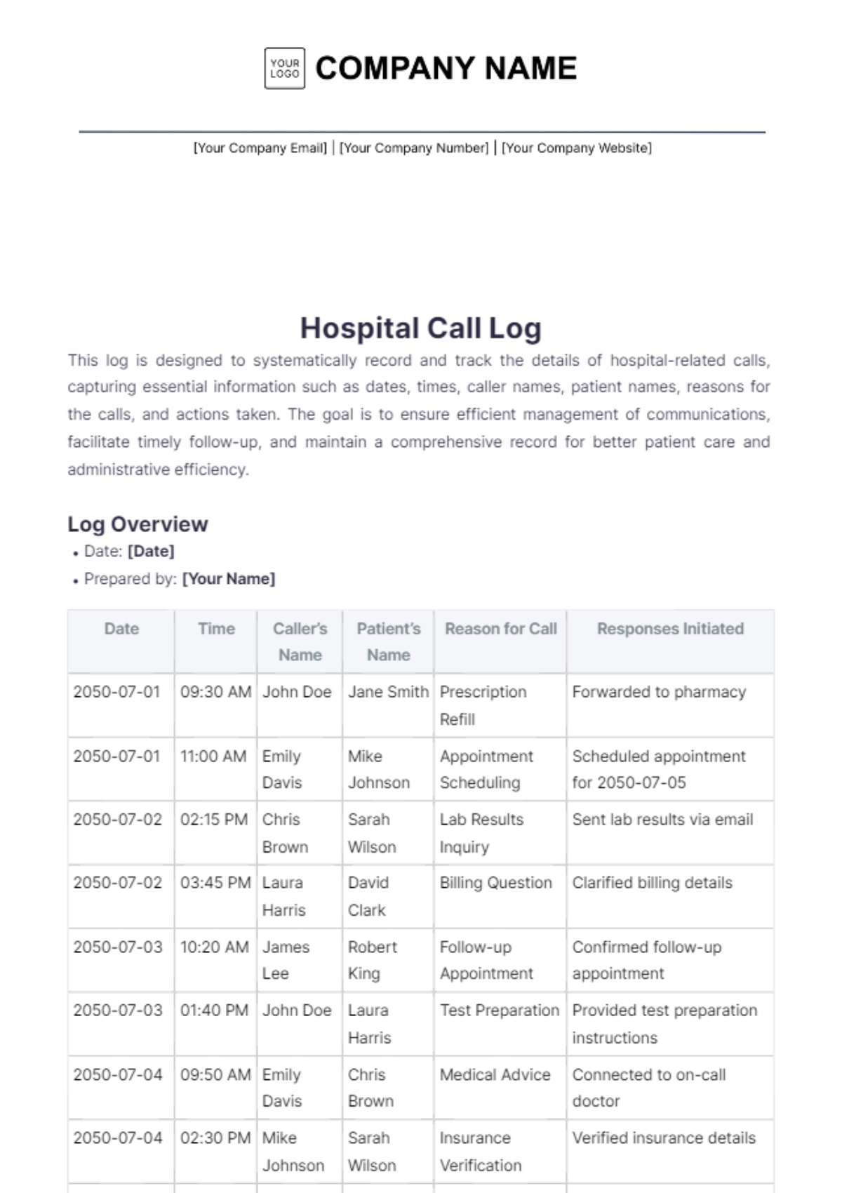 Hospital Call Log Template | Template.net