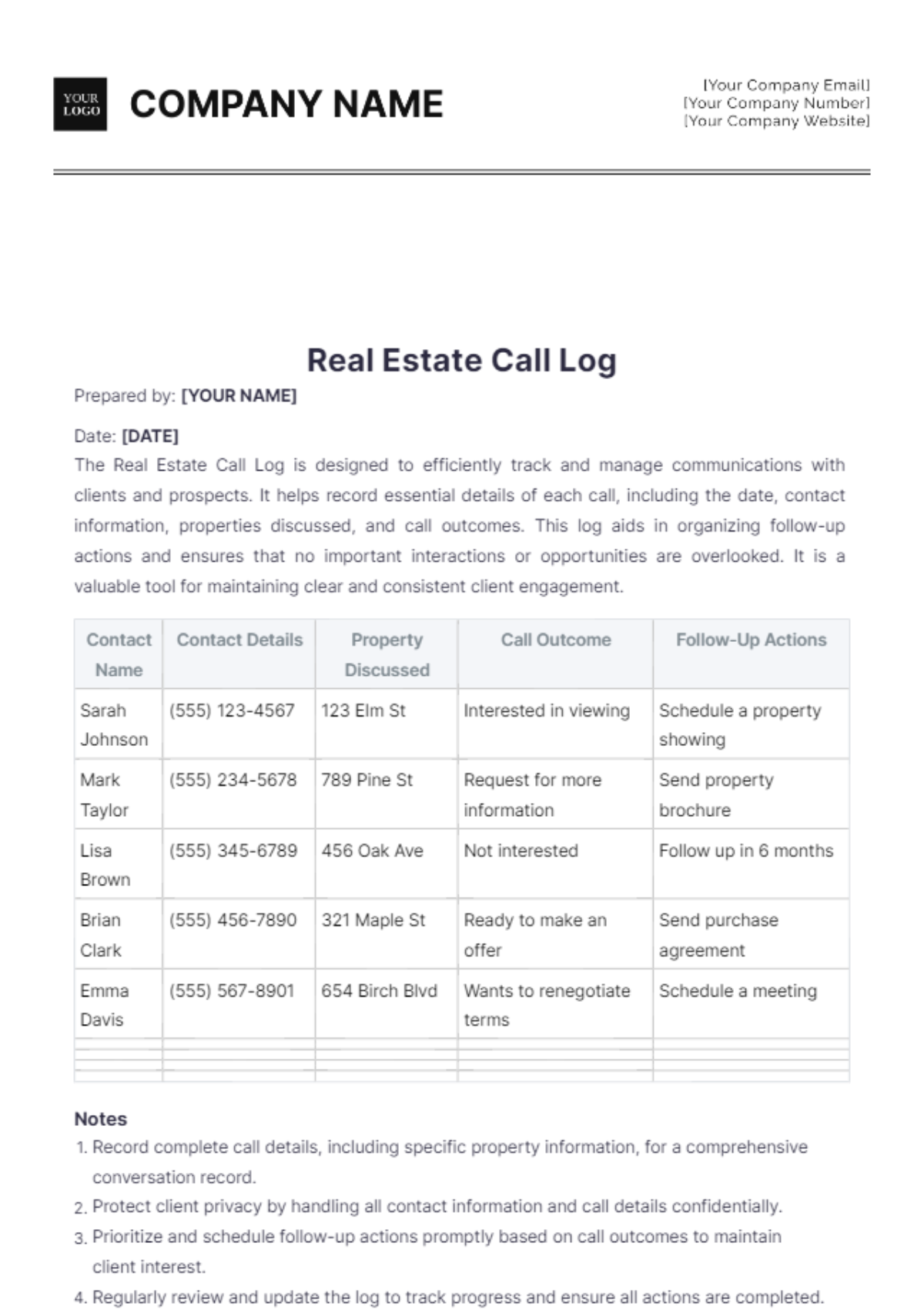 Real Estate Call Log Template - Edit Online & Download