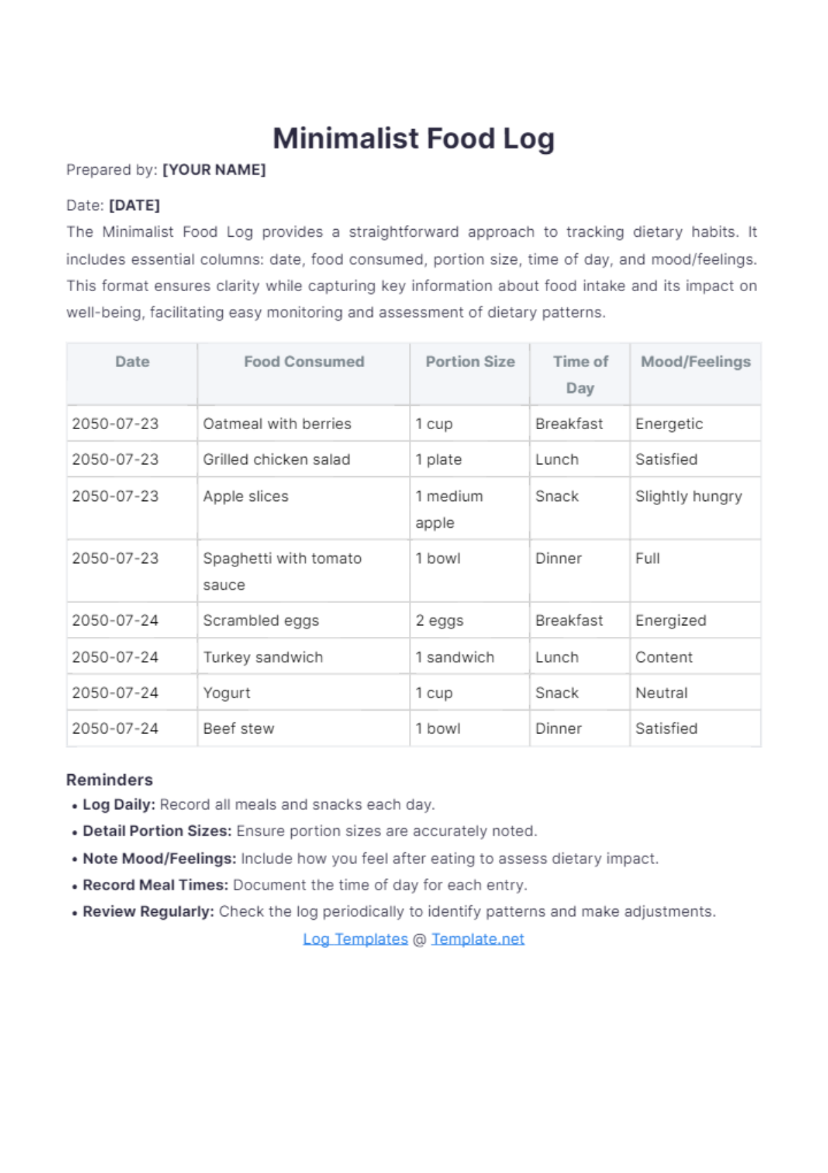 Minimalist Food Log Template - Edit Online & Download