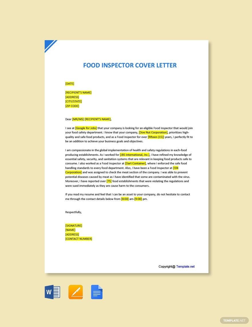 Food Inspector Cover Letter Template