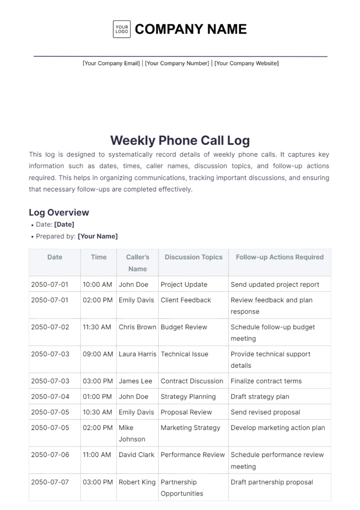 Weekly Phone Call Log Template - Edit Online & Download