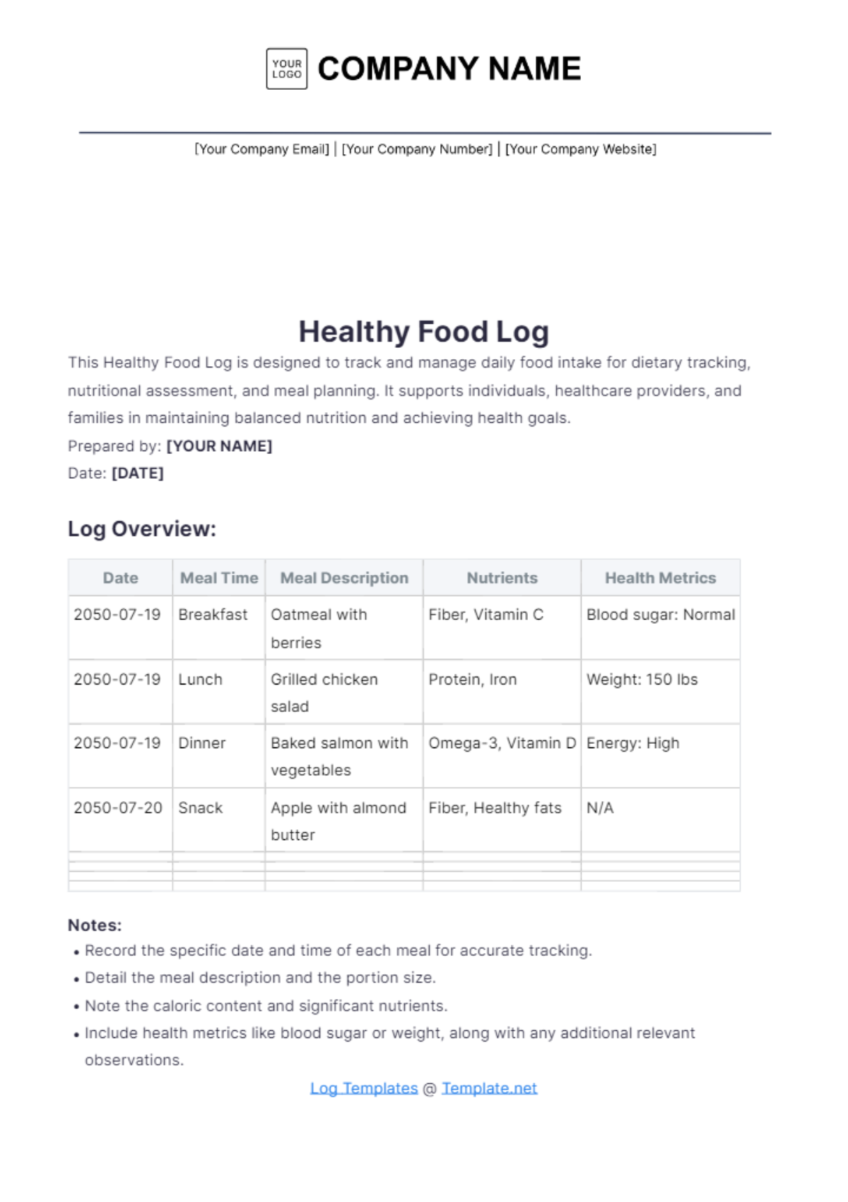 Healthy Food Log Template - Edit Online & Download