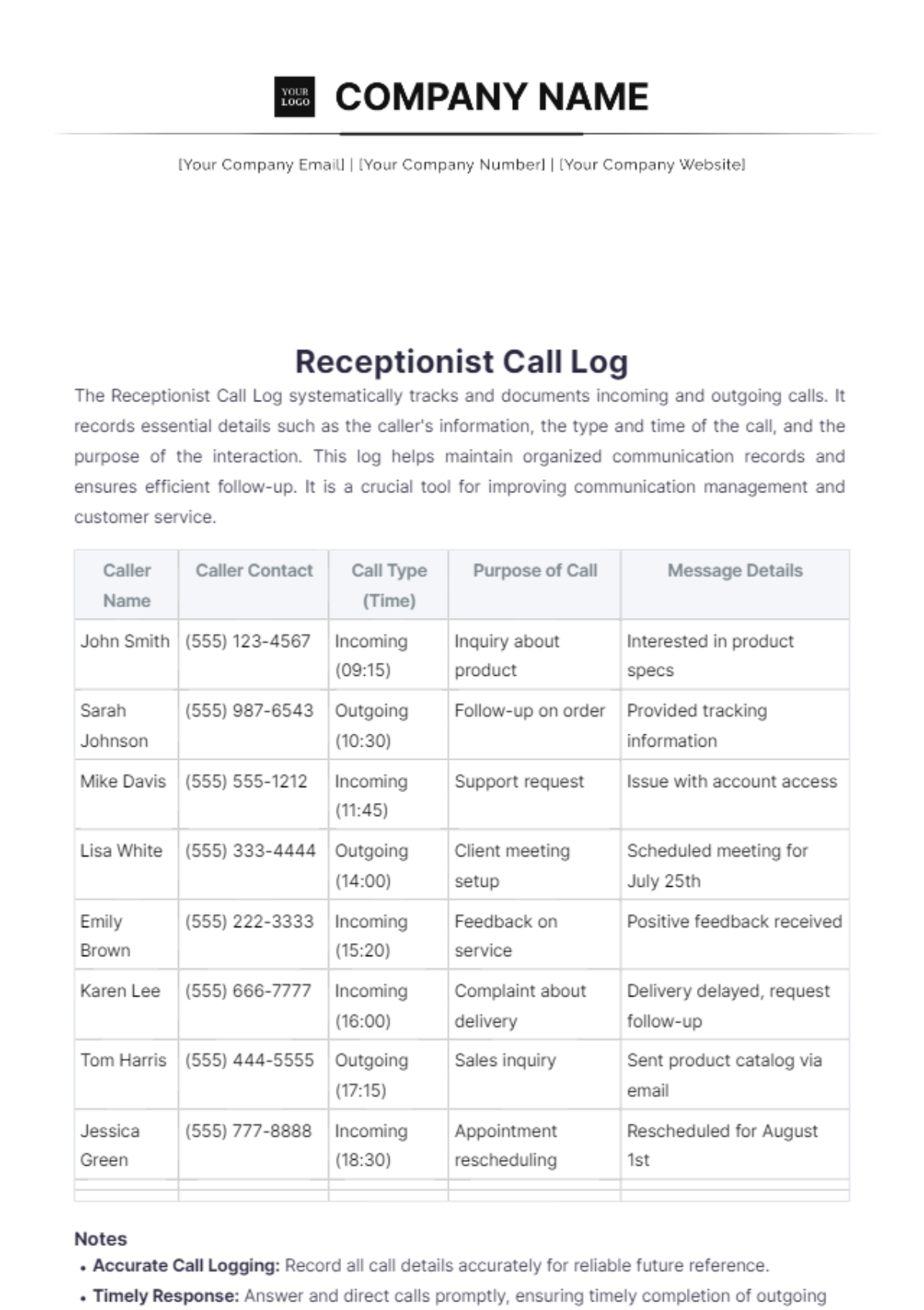 Receptionist Call Log Template - Edit Online & Download