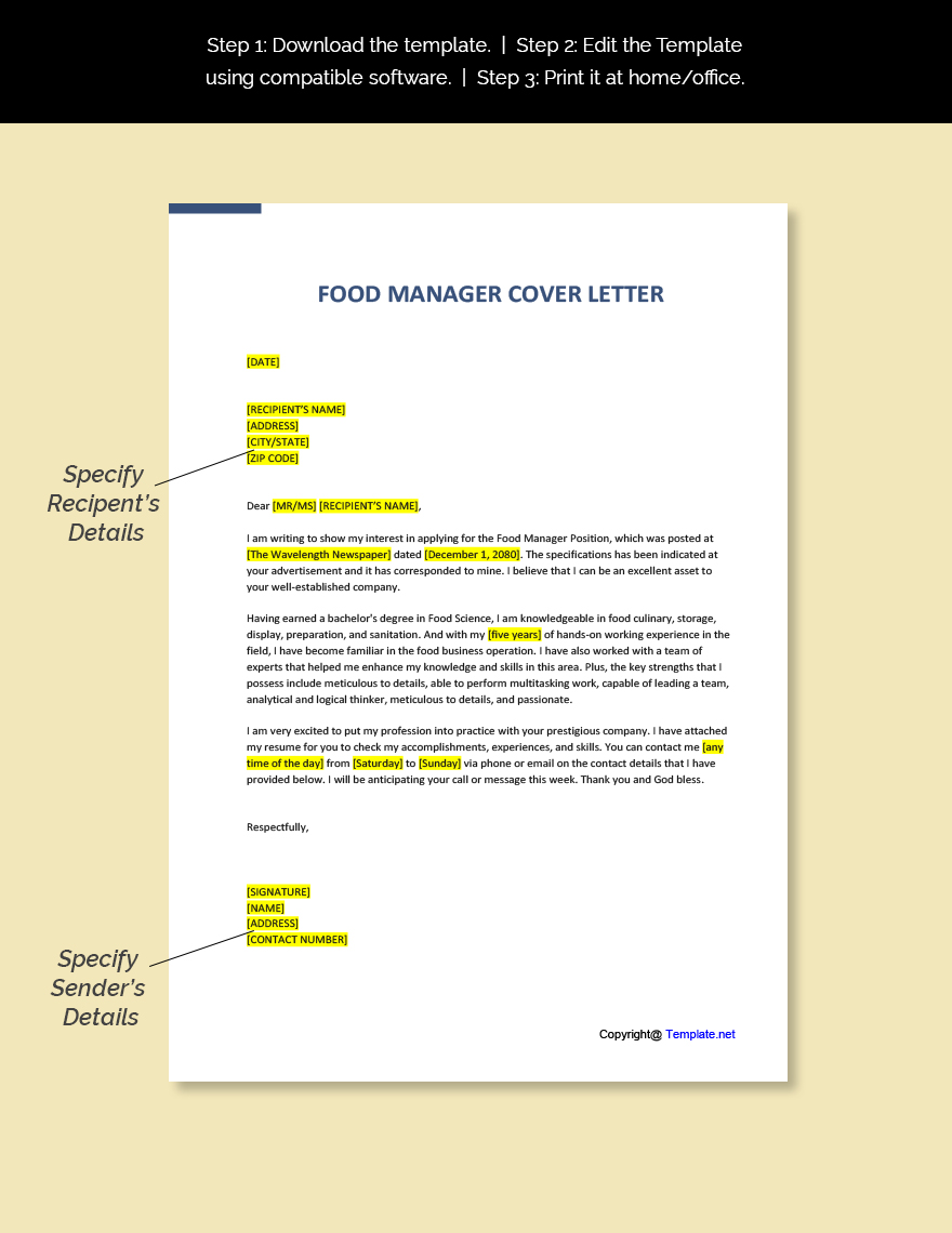 Food Manager Cover Letter Template