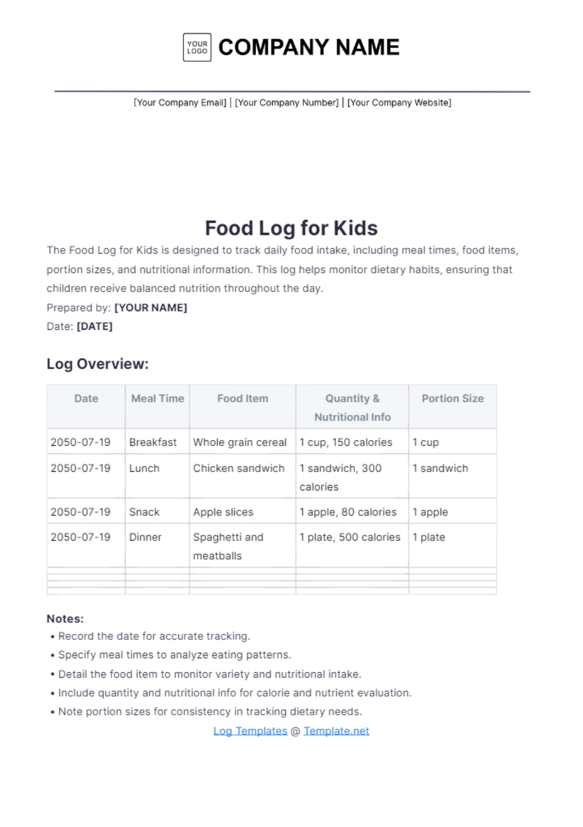 Food Log for Kids Template - Edit Online & Download