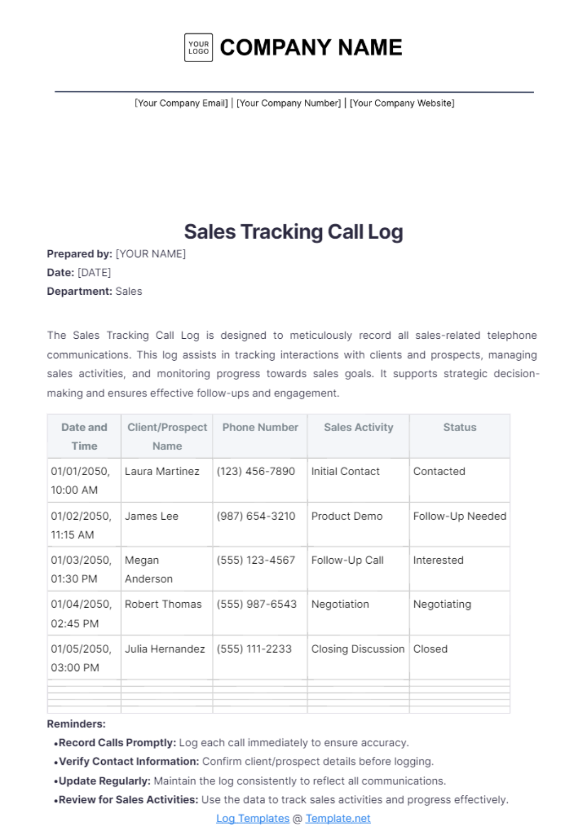 Sales Tracking Call Log Template - Edit Online & Download