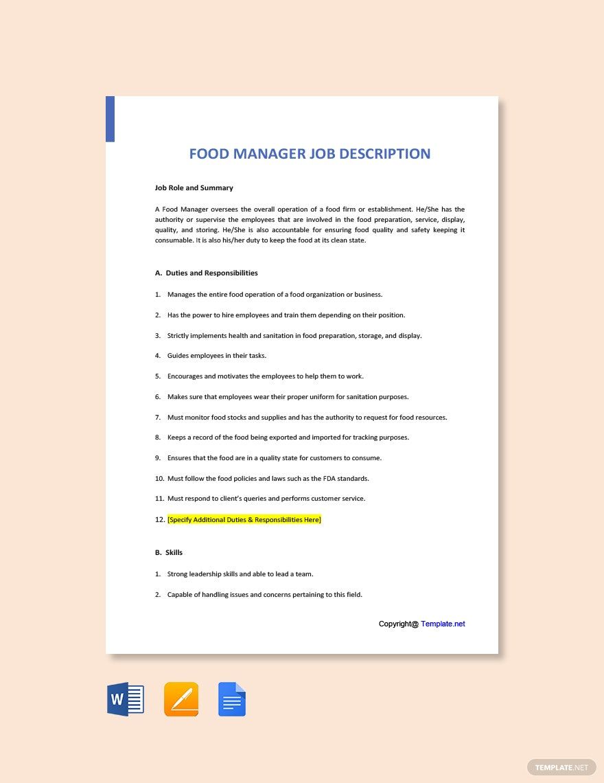 Free Food Manager Job Ad/Description Template