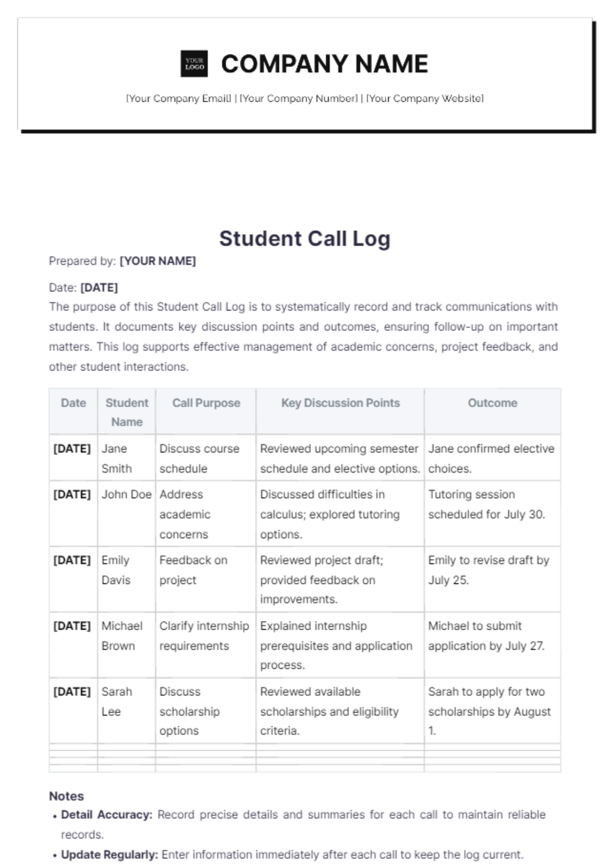 Student Call Log Template - Edit Online & Download