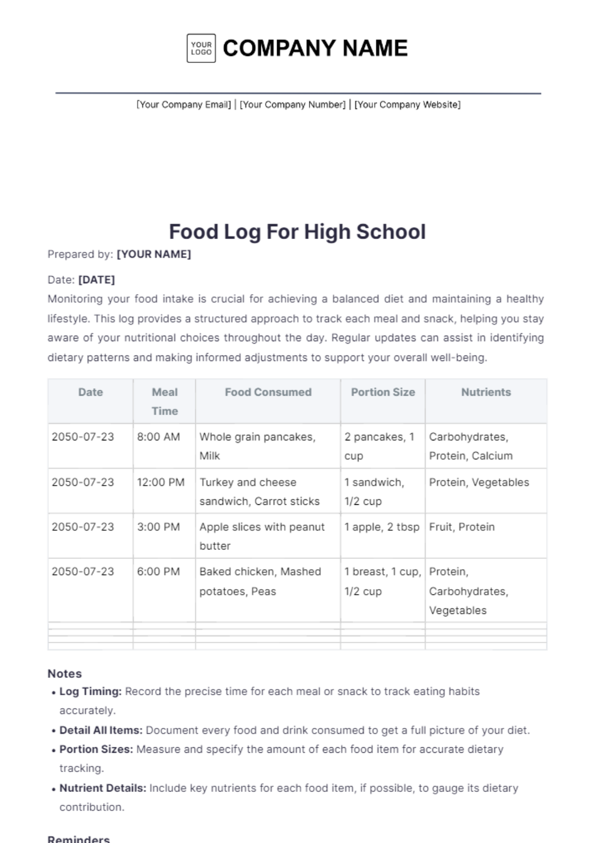 Food Log For High School Template - Edit Online & Download