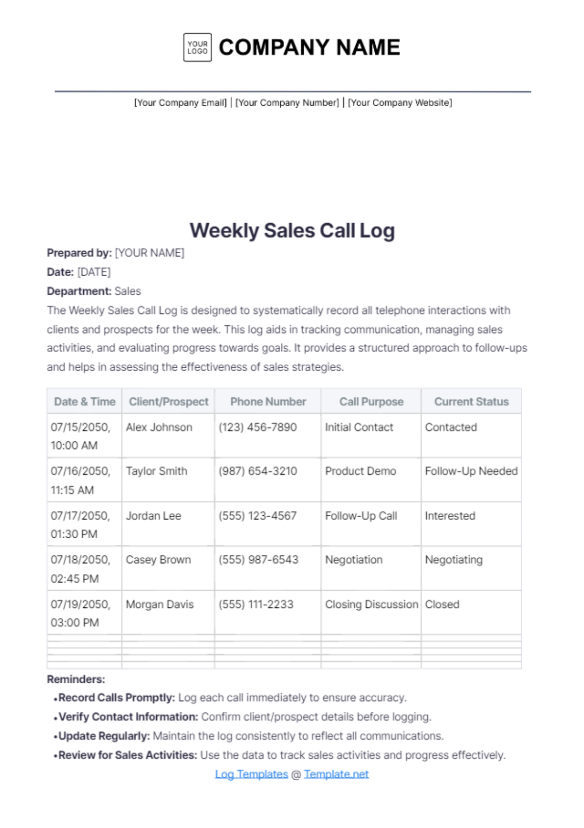 Weekly Sales Call Log Template - Edit Online & Download