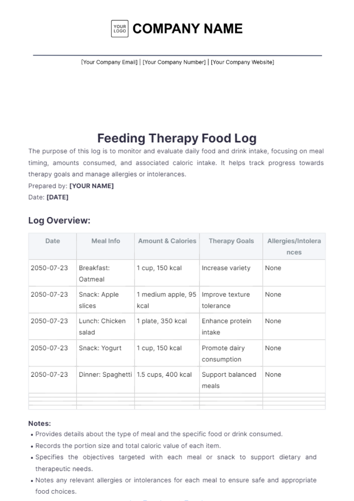 Feeding Therapy Food Log Template - Edit Online & Download