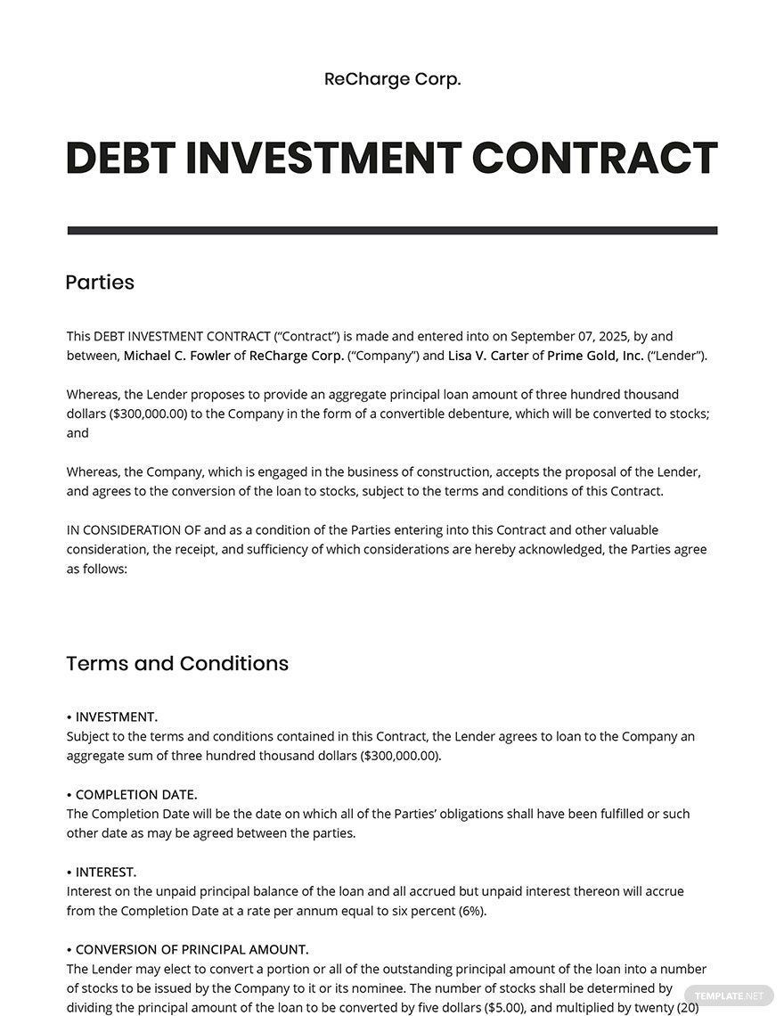 Debt Investment Contract Template