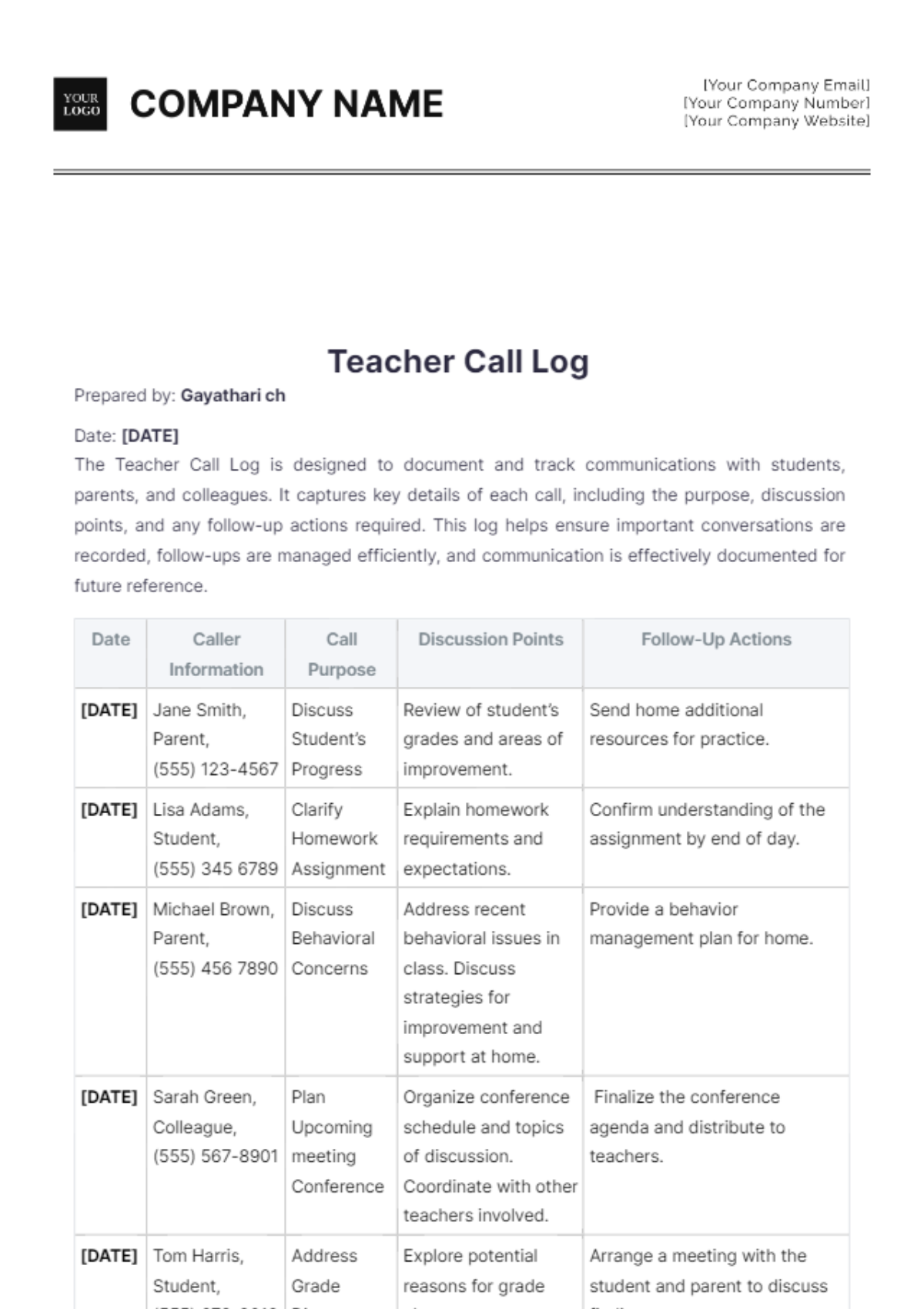 Teacher Call Log Template - Edit Online & Download