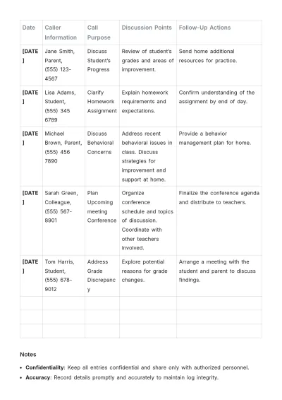 Free Teacher Call Log Template to Edit Online